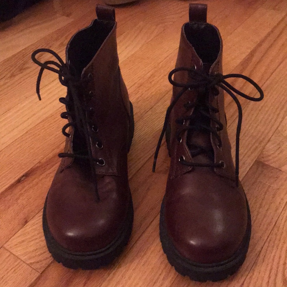 Divided maroon combat boots